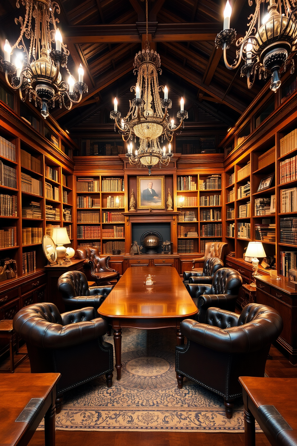 A vintage library setting filled with antique furniture pieces creates a warm and inviting atmosphere. Rich wooden bookshelves line the walls, showcasing a collection of classic literature and decorative items. In the center, a large mahogany table is surrounded by tufted leather chairs, perfect for reading or discussion. Soft, ambient lighting from ornate chandeliers casts a cozy glow over the room, enhancing the vintage charm.