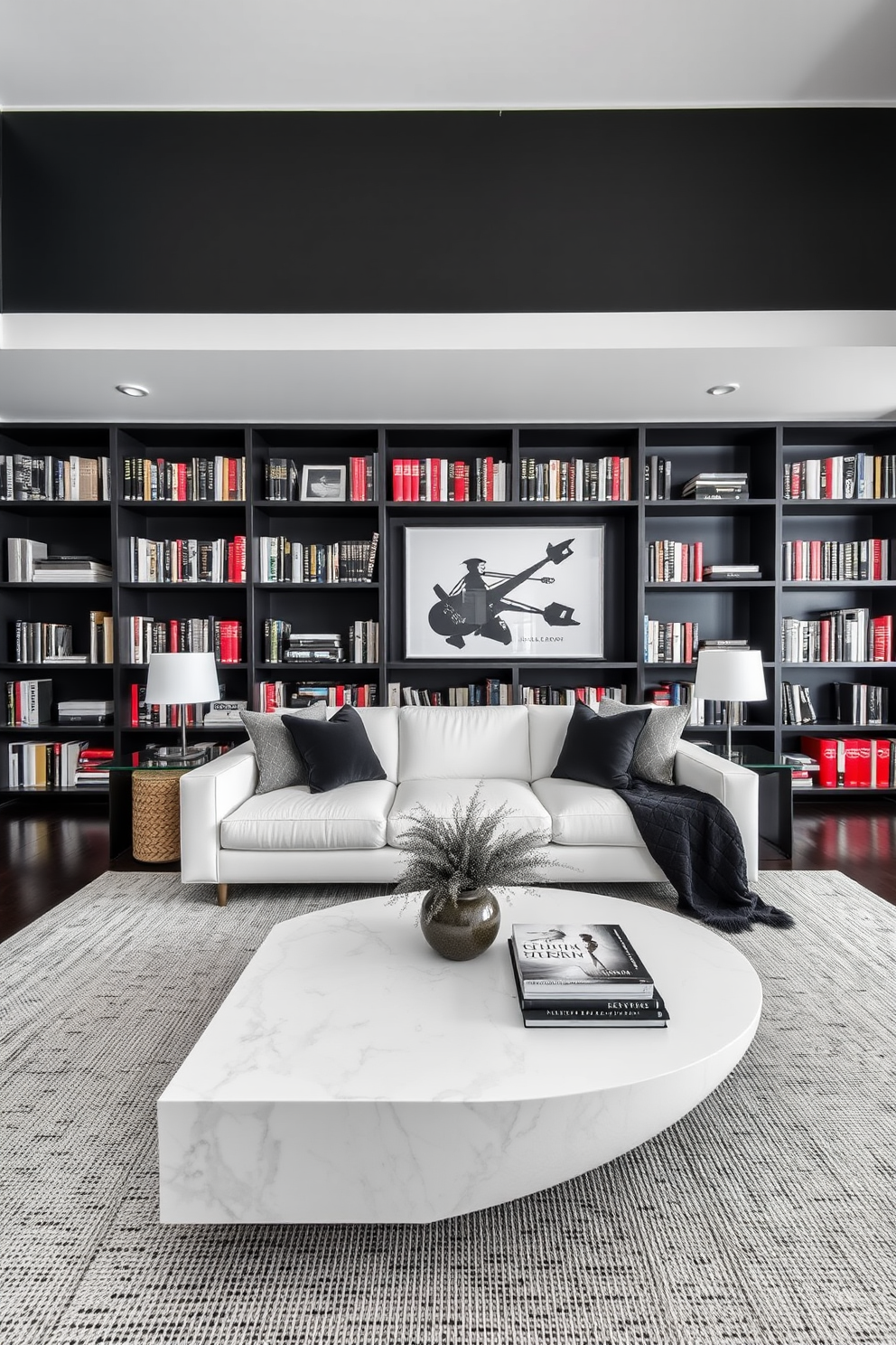 A chic monochrome palette creates a modern and sophisticated atmosphere in a luxury home library. The walls are painted in deep charcoal, complemented by sleek black shelving that showcases an extensive collection of books. A plush white sofa sits in the center, adorned with black and gray throw pillows for added comfort. A large, minimalist coffee table with a glass top rests on a textured area rug, providing a stylish focal point in the space.