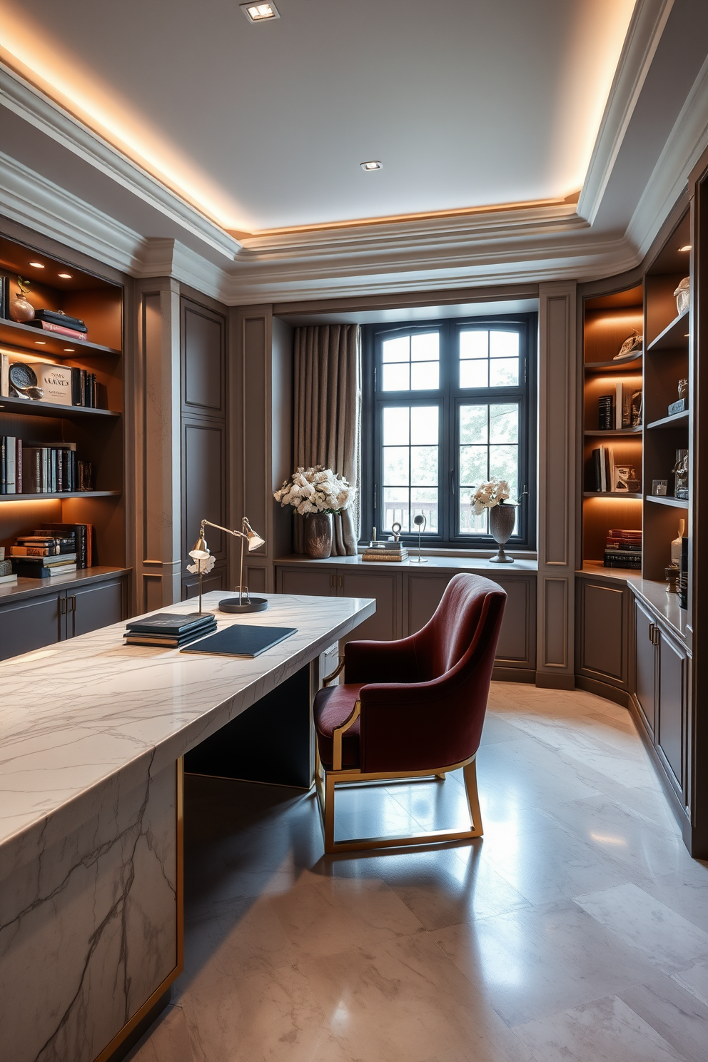 An elegant marble desk with gold accents is the centerpiece of the luxury home office. The desk is paired with a plush velvet chair and surrounded by built-in shelves filled with curated books and decorative items. Soft ambient lighting illuminates the space, highlighting the rich textures and colors of the decor. A large window allows natural light to flood in, creating a warm and inviting atmosphere.