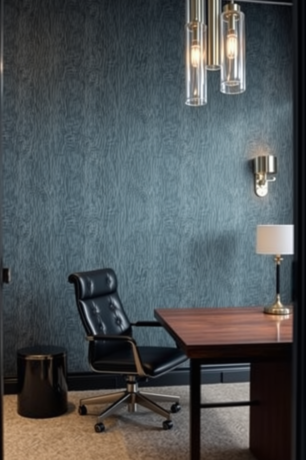 A luxurious home office featuring textured wallpaper that adds depth and sophistication to the space. The room includes a sleek wooden desk paired with a comfortable leather chair, complemented by elegant lighting fixtures that create a warm ambiance.