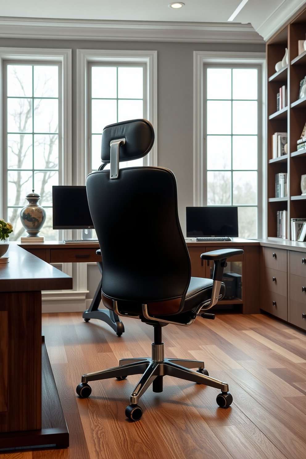 A high-end ergonomic office chair with sleek lines and premium leather upholstery is positioned in a modern home office. The chair features adjustable height and lumbar support, paired with a stylish wooden desk that showcases a minimalist aesthetic. The luxury home office design incorporates a calming color palette of soft grays and whites. Large windows allow natural light to flood the space, complemented by elegant shelving filled with curated books and decorative items.