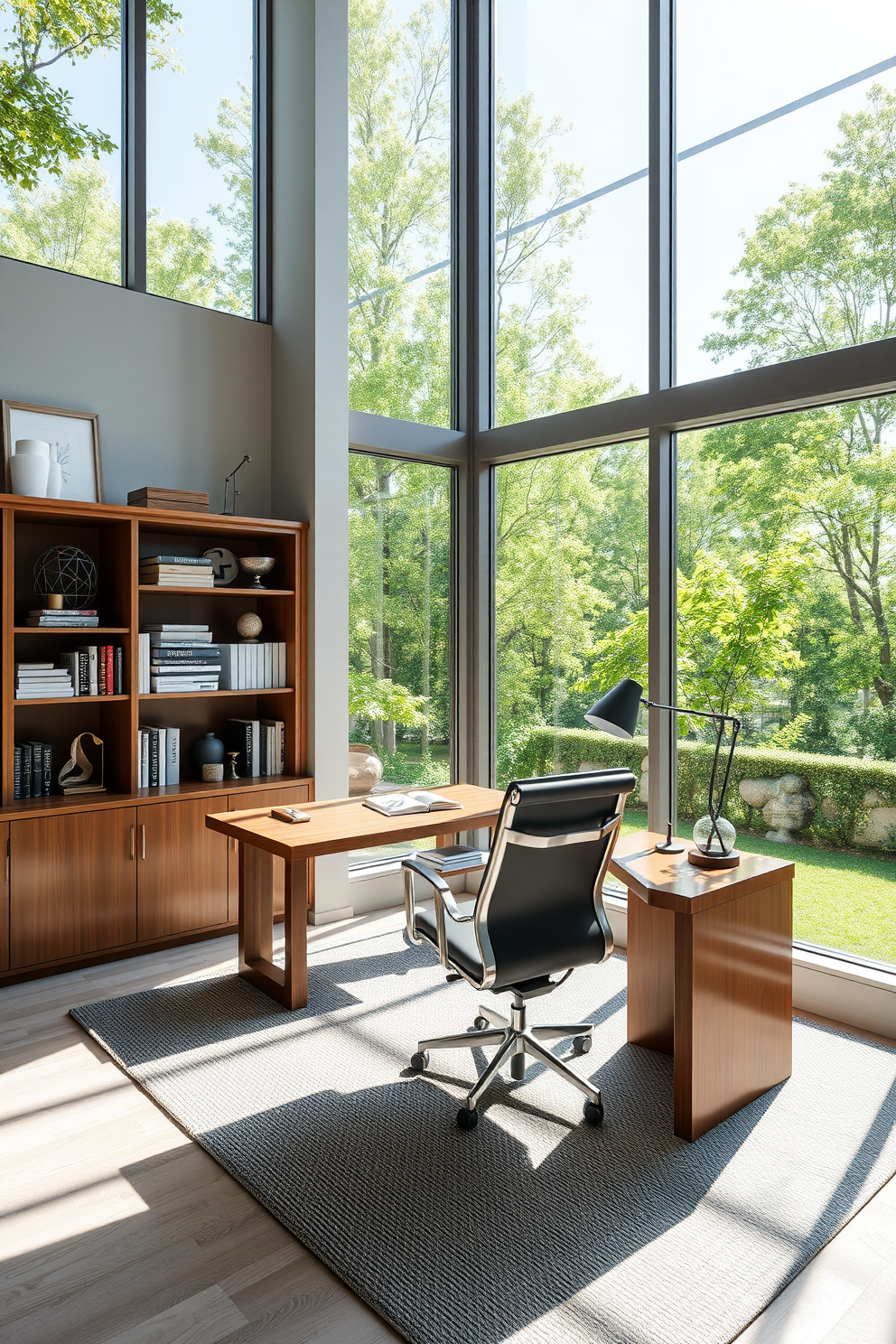 A luxury home office with large windows allowing abundant natural light to flood the space. The room features a sleek wooden desk paired with an ergonomic chair, and a stylish bookshelf filled with curated books and decor.