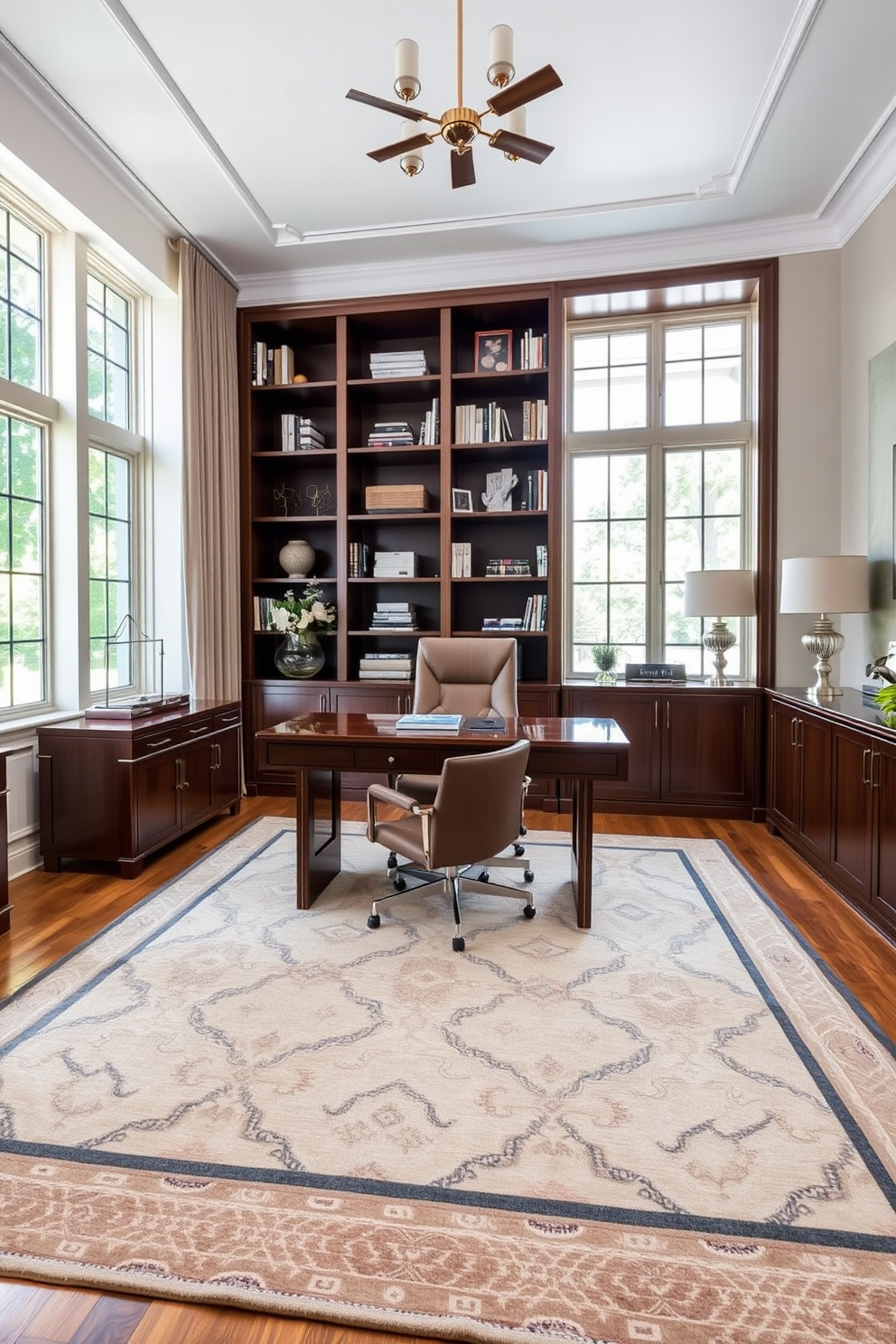 A stylish area rug is placed in the center of the room, featuring an intricate geometric pattern in soft neutral tones. The rug beautifully defines the workspace, adding warmth and texture to the overall design. The luxury home office boasts a sleek wooden desk with a polished finish, complemented by a high-backed leather chair. Large windows allow natural light to flood the space, highlighting the elegant shelving filled with curated books and decor.