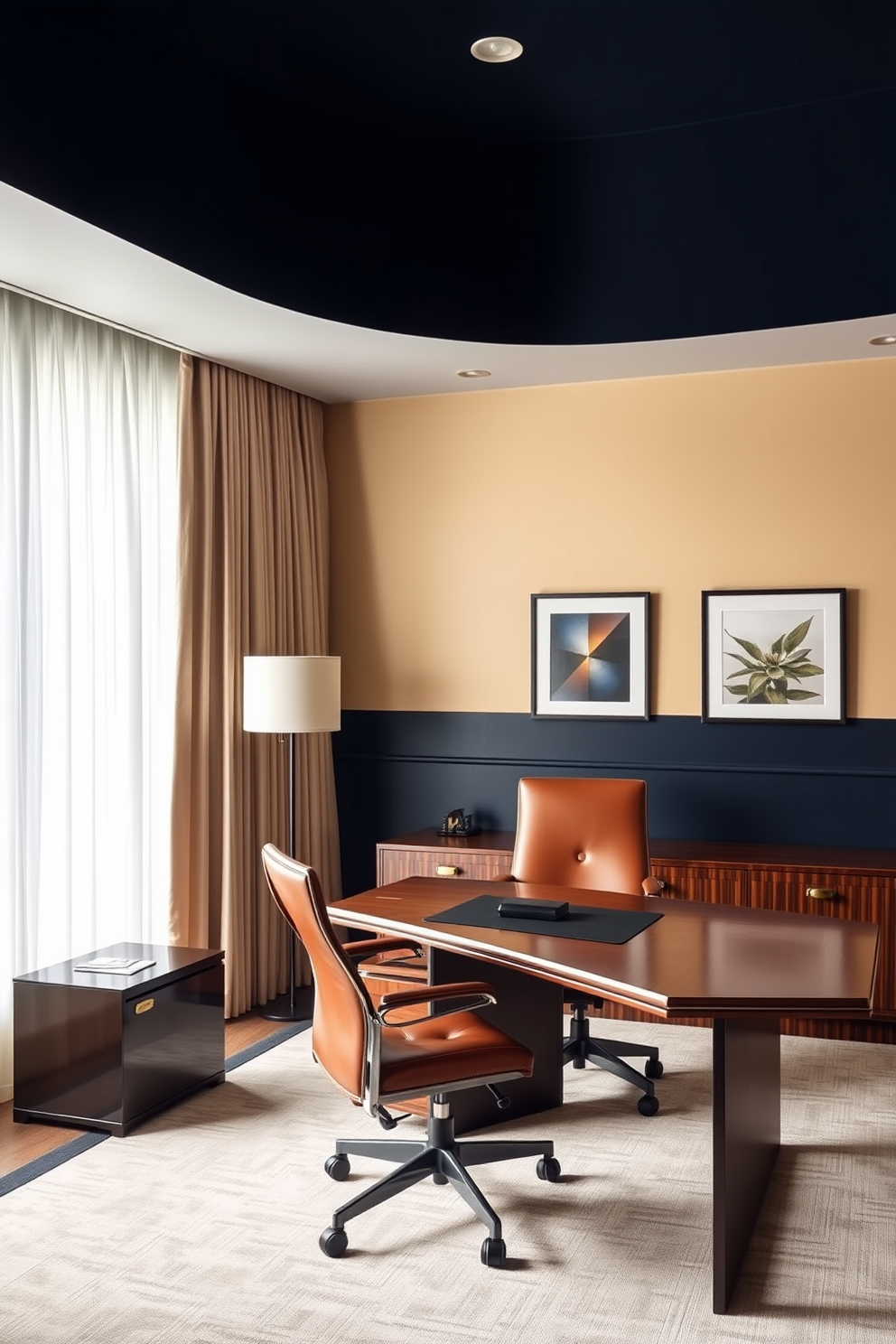 A luxury home office featuring sophisticated color blocking on the walls. One wall is painted in a deep navy blue while the adjacent wall is a warm cream, creating a striking contrast. The office is furnished with a sleek wooden desk and an ergonomic chair upholstered in rich leather. A large window allows natural light to flood the space, complemented by elegant sheer curtains.