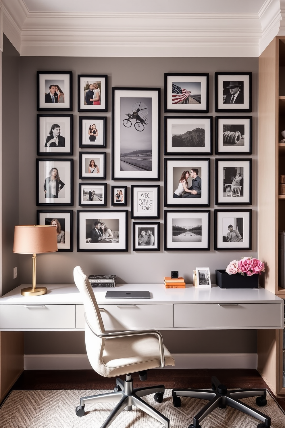 A personalized gallery wall adorned with framed photographs showcasing cherished memories and artistic prints. The wall features a mix of sizes and styles, creating an eclectic yet harmonious display that reflects personal taste. Luxury home office design ideas that blend functionality with elegance. The space includes a sleek desk with a comfortable ergonomic chair, surrounded by custom shelving and sophisticated decor elements that inspire productivity and creativity.