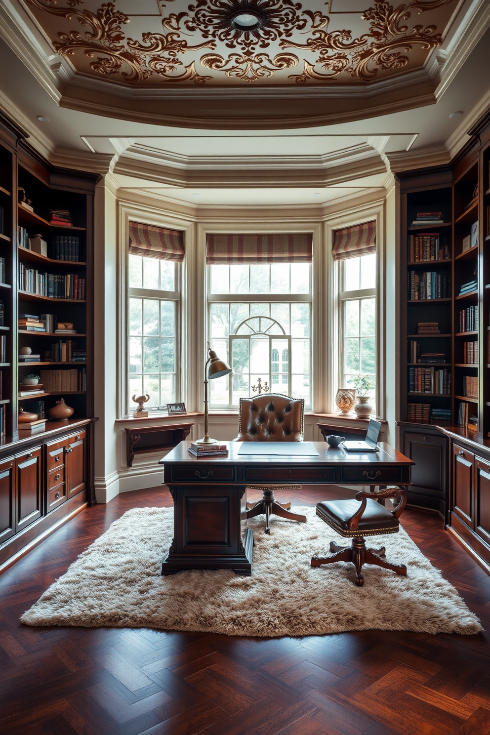 A luxury home office featuring vintage decor accents that exude character. The room is adorned with a rich mahogany desk, complemented by an antique leather chair and brass desk lamp. The walls are lined with bookshelves filled with classic literature and decorative items. A plush area rug lies beneath the desk, and large windows allow natural light to fill the space, highlighting the intricate crown molding.