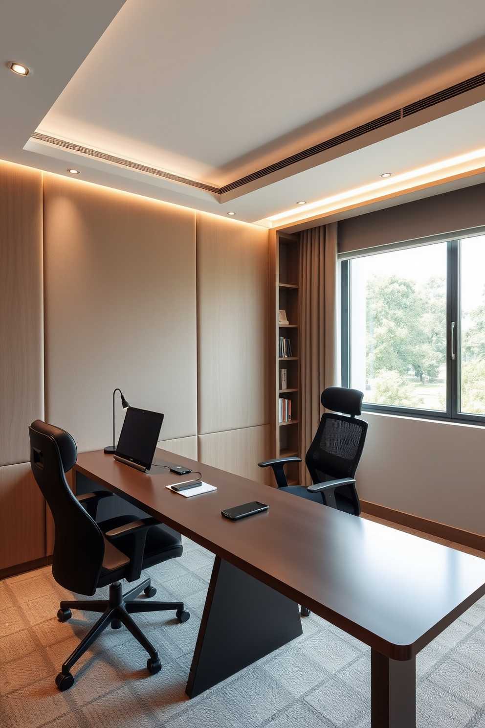 A luxury home office designed with smart technology integration for efficiency. The space features a sleek desk with built-in charging stations and adjustable lighting controlled by a smart home system. The walls are adorned with soundproof panels for a quiet environment, while a large window allows natural light to flood the room. A comfortable ergonomic chair and a minimalist bookshelf complete the sophisticated look.