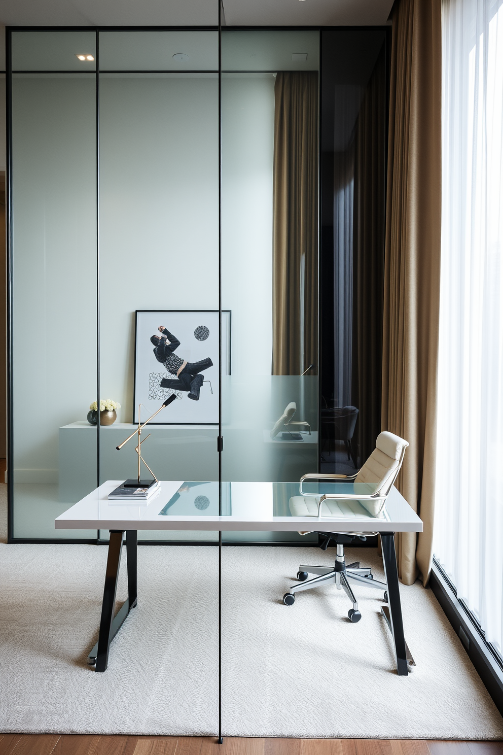 A sleek glass desk with metallic accents sits elegantly in the center of a spacious home office. Surrounding the desk are plush, contemporary chairs and a stylish bookshelf filled with curated decor and books.