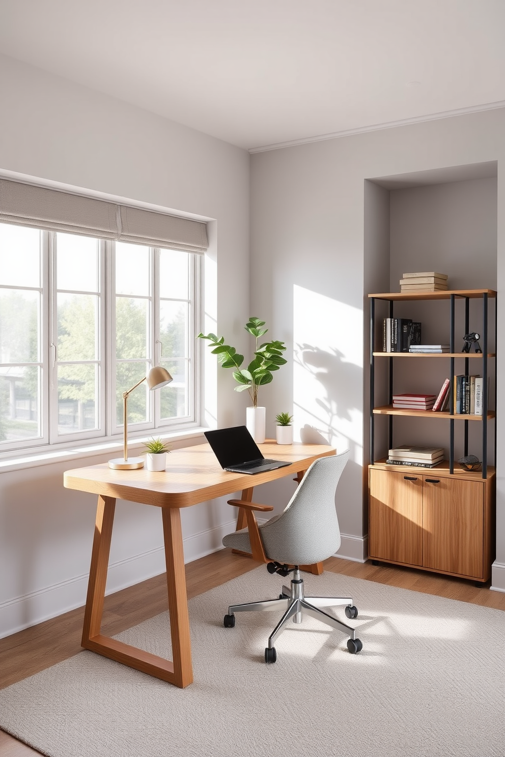 A functional workspace with minimal clutter features a sleek desk made of natural wood paired with an ergonomic chair in a soft fabric. The walls are painted in a calming light gray, and large windows allow natural light to flood the room, enhancing the serene atmosphere. On the desk, there are only essential items such as a laptop, a stylish desk lamp, and a small potted plant for a touch of greenery. A minimalist shelving unit in the corner holds books and decorative objects, maintaining the clean and organized look of the luxury home office.