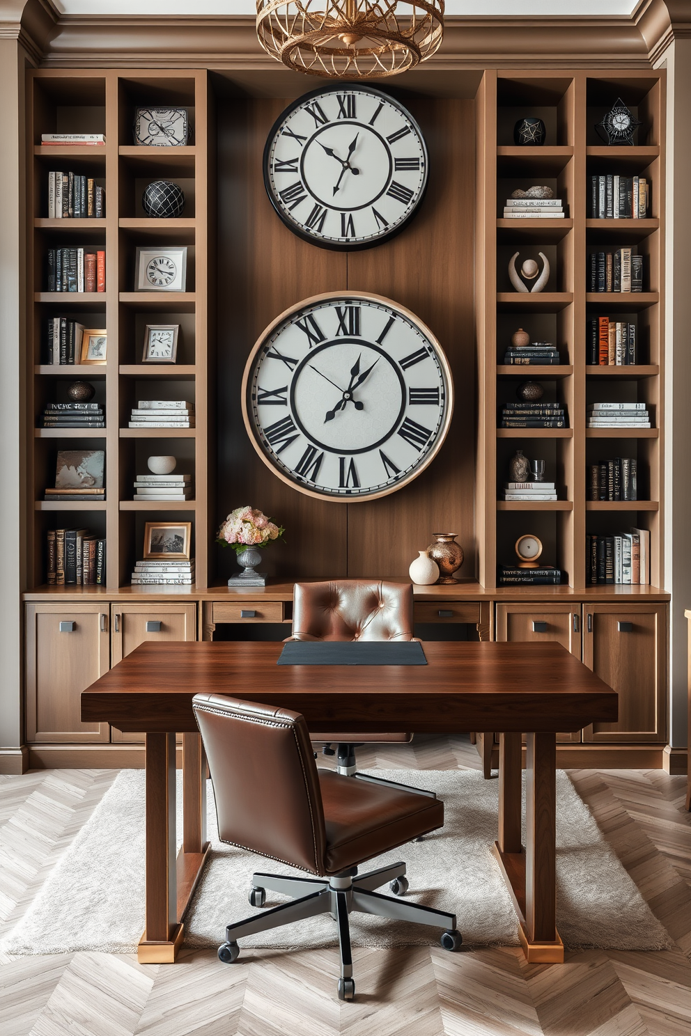 A luxury home office featuring a statement clock as a focal design element. The office includes a sleek wooden desk with a plush leather chair, surrounded by built-in bookshelves filled with curated decor and books.