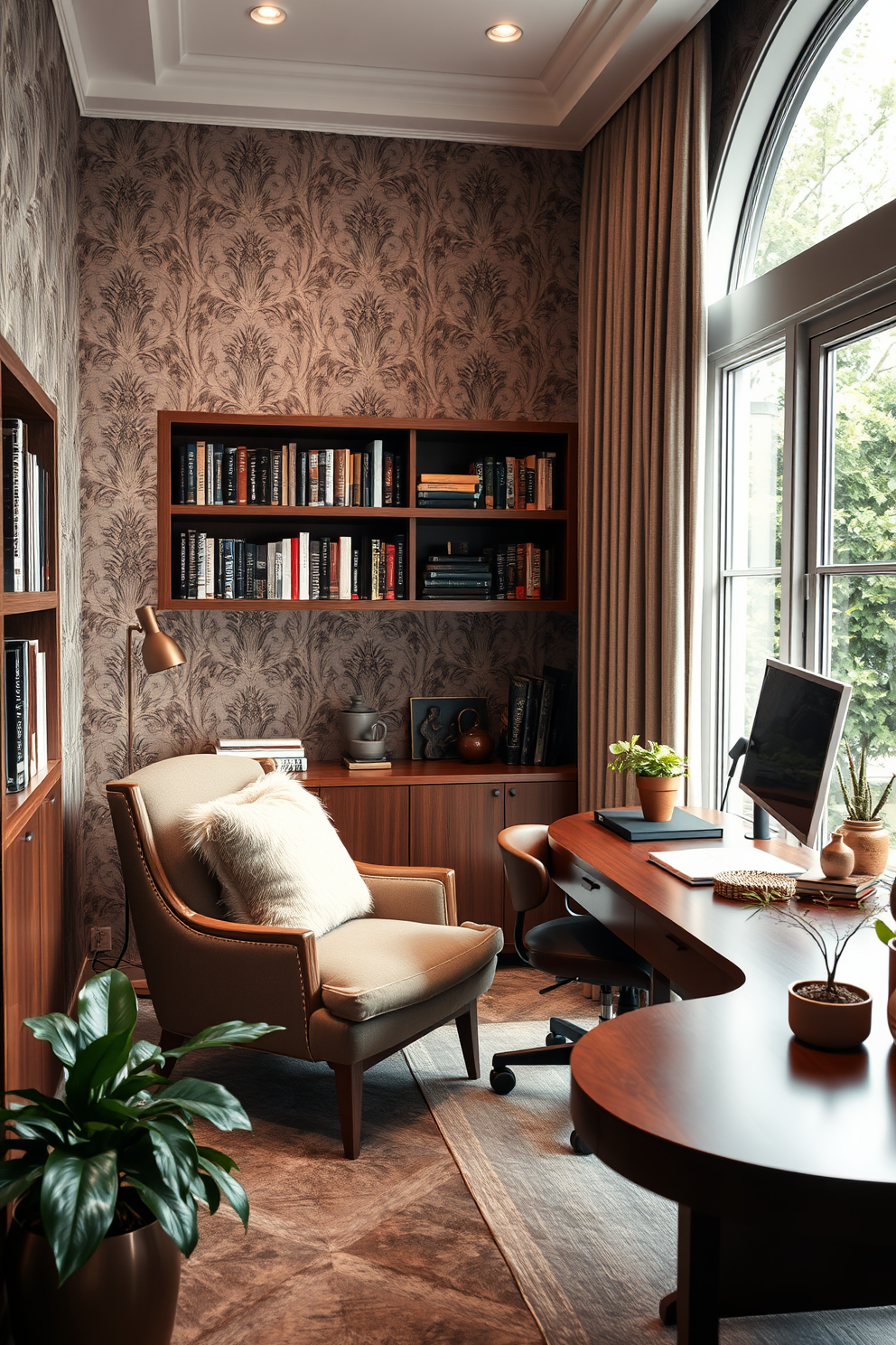 Cozy reading nook with plush cushions. A comfortable armchair is positioned by a large window, surrounded by shelves filled with books and soft lighting. Luxury home office design ideas. A sleek desk made of rich wood sits against a backdrop of elegant wallpaper, complemented by a stylish ergonomic chair and decorative plants.