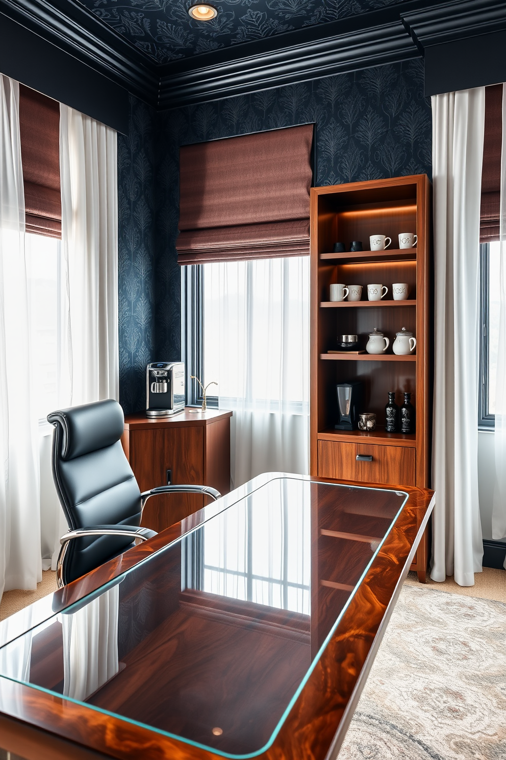 A luxury home office featuring a sleek mahogany desk with a glass top, complemented by an ergonomic leather chair. In one corner, a stylish coffee station is set up with an espresso machine, elegant mugs, and a selection of gourmet coffee beans displayed on a polished wooden shelf. The walls are adorned with rich navy blue wallpaper, creating a sophisticated backdrop for the space. Large windows allow natural light to flood in, with sheer white curtains adding a touch of softness to the overall design.