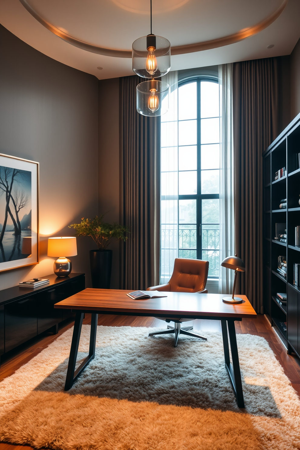 A luxury home office featuring a sleek wooden desk positioned in front of a large window that allows natural light to flood the space. The walls are adorned with elegant artwork, and a plush area rug adds warmth underfoot. Soft ambient lighting creates a relaxed vibe, with stylish pendant lights hanging above the desk and warm-toned lamps on either side. A comfortable leather chair complements the sophisticated decor, while shelves filled with books and decorative items enhance the overall aesthetic.