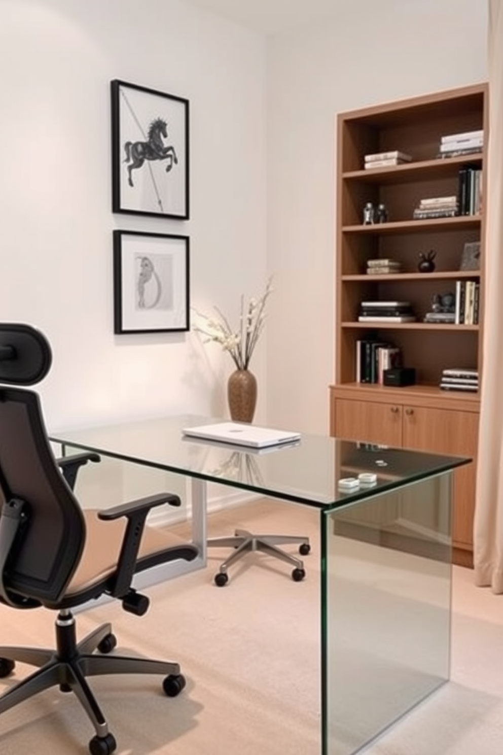 An elegant glass desk with a minimalist design takes center stage in the home office. The desk is complemented by a sleek ergonomic chair and strategically placed task lighting to enhance productivity. Soft neutral tones adorn the walls, creating a calming atmosphere. A stylish bookshelf filled with curated decor and a few select books adds personality to the space.