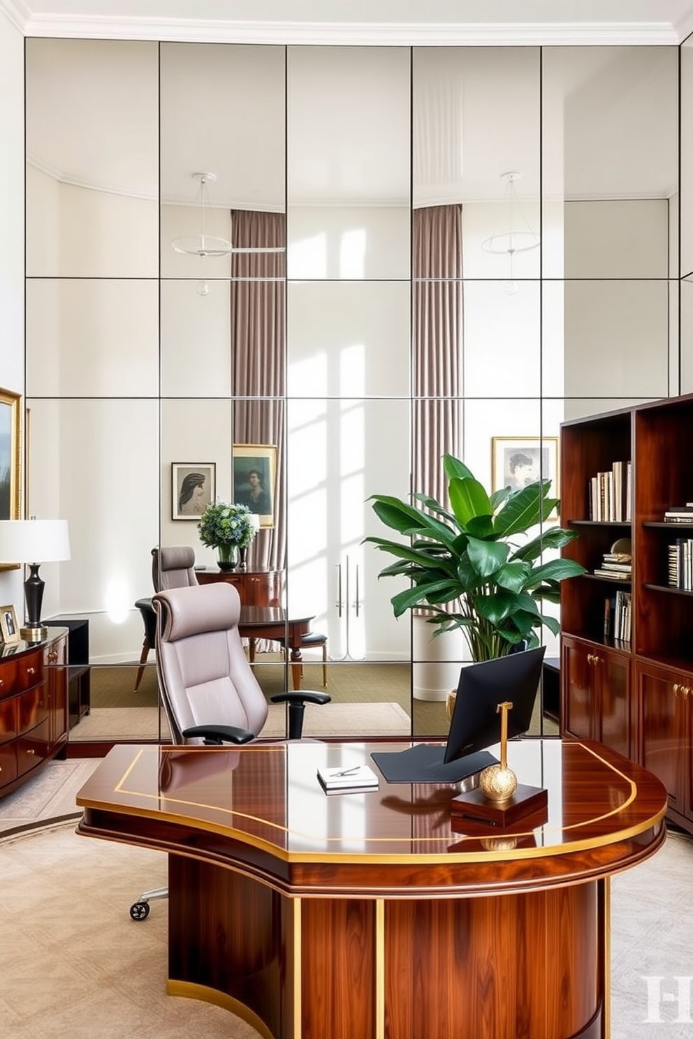 A luxury home office featuring a large wall of mirrors reflecting natural light to create an illusion of spaciousness. The desk is made of rich mahogany with gold accents, complemented by a plush ergonomic chair and stylish shelving units. The walls are painted in a soft cream color, enhancing the airy feel of the space. Elegant artwork adorns the walls, and a lush indoor plant adds a touch of greenery to the sophisticated environment.