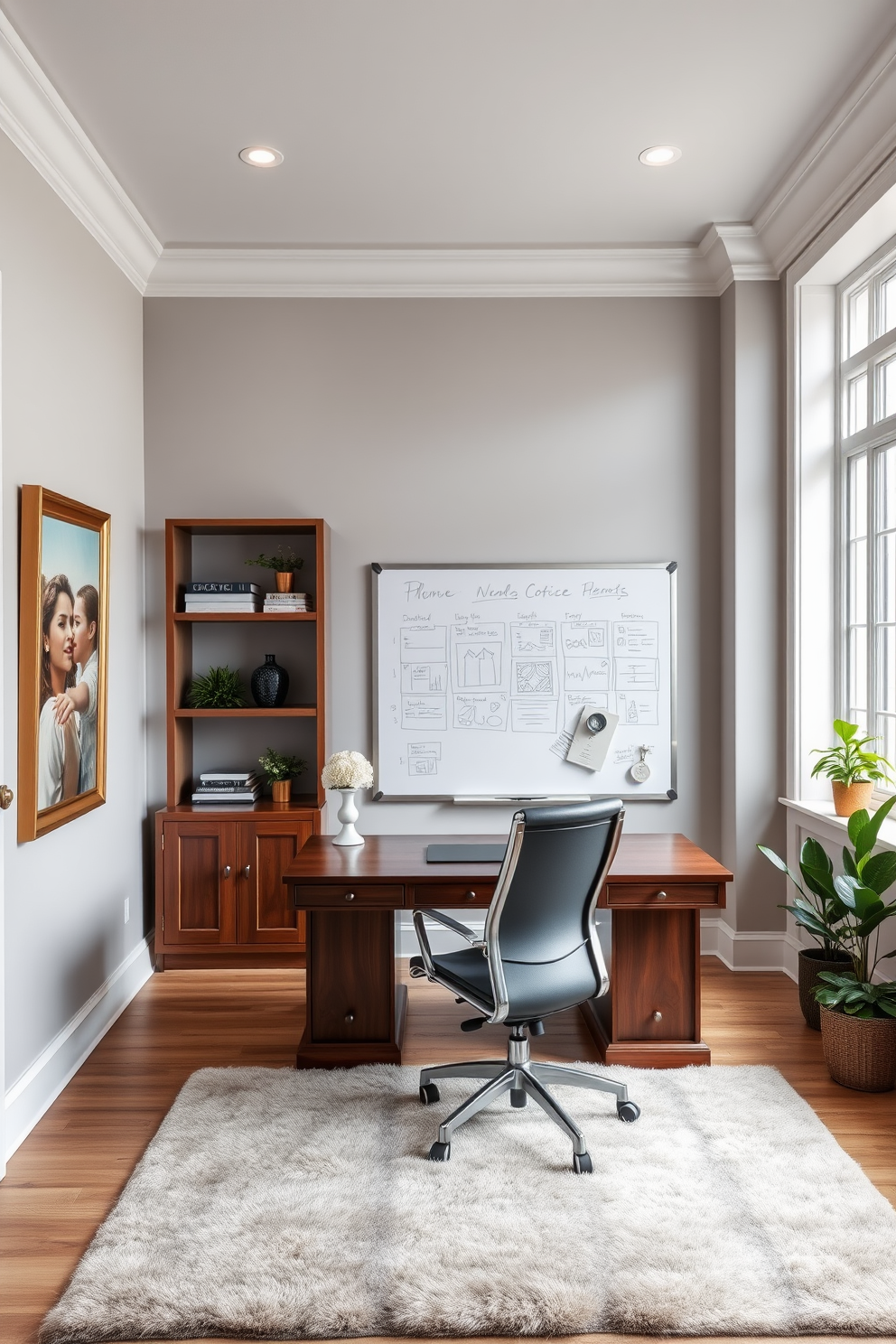 A luxurious home office setting featuring a stylish whiteboard mounted on the wall for brainstorming and organization. The desk is made of rich mahogany with a sleek ergonomic chair, and large windows provide ample natural light. The walls are painted in a calming light gray, complemented by elegant artwork and shelves filled with books and decor. A plush area rug adds warmth to the space, while decorative plants bring a touch of nature indoors.