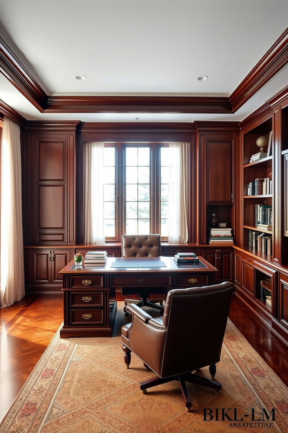 Chic velvet armchair for comfort. The armchair features deep emerald green fabric with gold accents and plush cushions, creating an inviting atmosphere. Luxury Home Office Design Ideas. The workspace includes a sleek walnut desk paired with a comfortable ergonomic chair, framed by built-in bookshelves and large windows that allow natural light to fill the room.