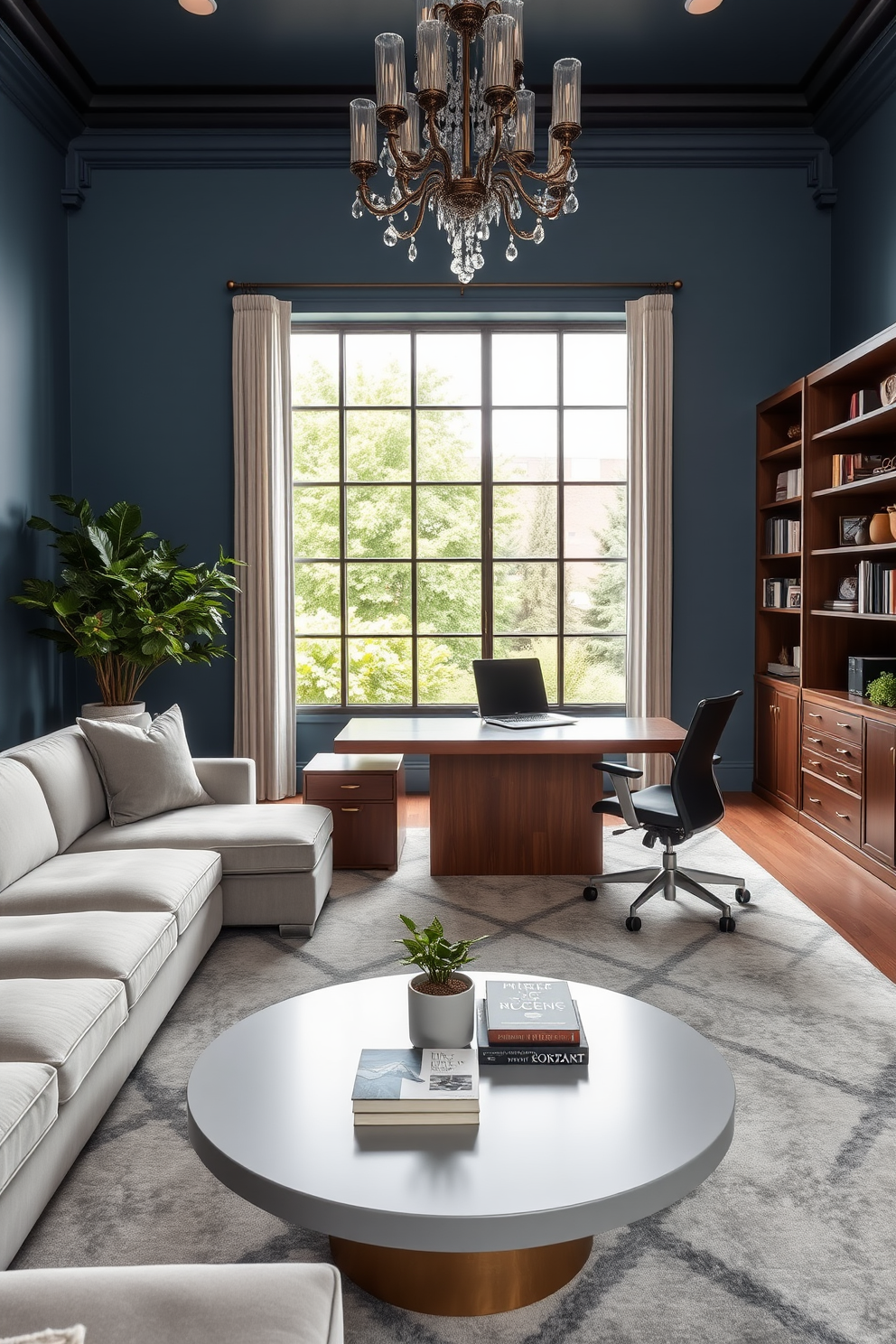 A comfortable lounge area for breaks featuring a plush sectional sofa in a soft gray fabric. A large round coffee table sits in front, adorned with stylish decor books and a small potted plant. Luxury home office design ideas showcasing a sleek wooden desk with a modern ergonomic chair. The walls are painted a calming blue, and a large window allows natural light to flood the space, complemented by elegant shelving filled with books and decorative items.