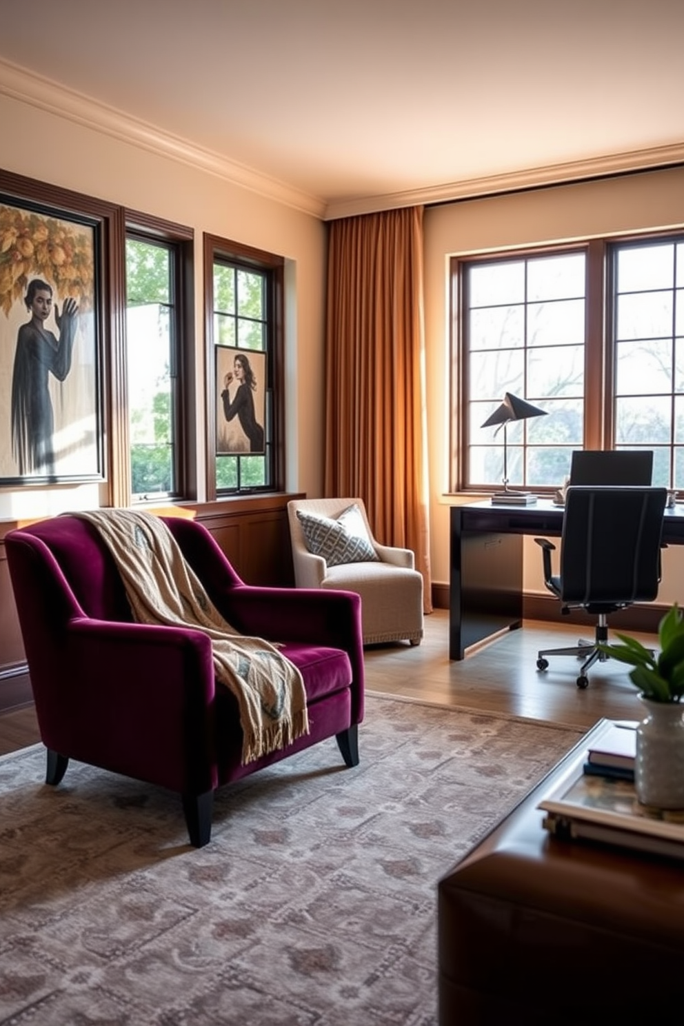 A luxury home office featuring a statement lighting fixture as the focal point. The room is designed with a sleek wooden desk, plush ergonomic chair, and built-in shelving that showcases an array of books and decorative items.