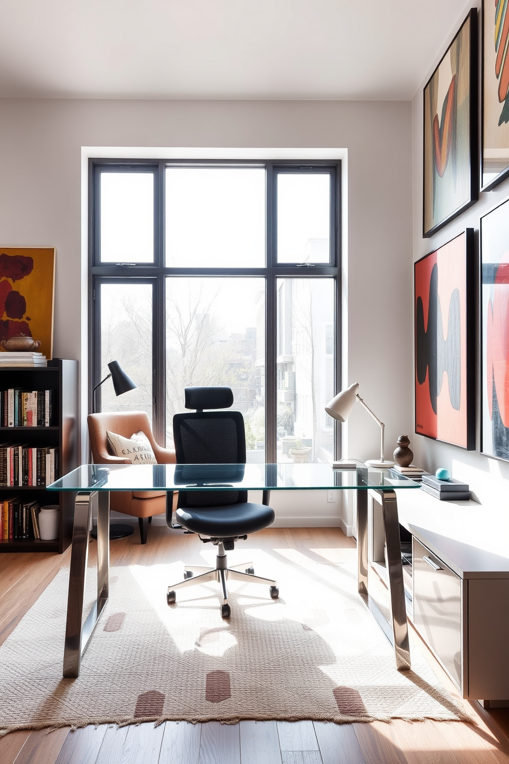 A modern home office featuring a sleek glass desk paired with an ergonomic chair. The walls are adorned with vibrant abstract art pieces, creating an inspiring atmosphere for creativity. Natural light floods the space through large windows, highlighting a cozy reading nook with a plush armchair. A stylish bookshelf filled with art books and decorative objects adds character to the room.