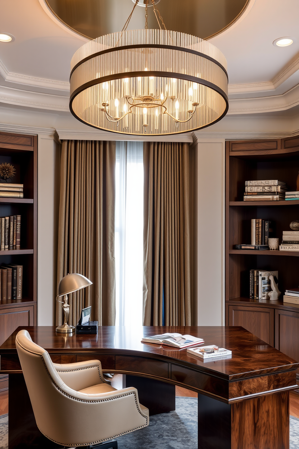 A luxurious home office features custom built-in bookshelves that stretch from floor to ceiling, providing ample storage and display space for books and decor. The shelves are crafted from rich mahogany wood, complemented by elegant brass hardware and soft ambient lighting that highlights the collection. The office is designed with a sleek desk positioned in front of a large window, allowing natural light to flood the space. A plush ergonomic chair sits at the desk, while a stylish area rug anchors the room, adding warmth and texture to the overall design.