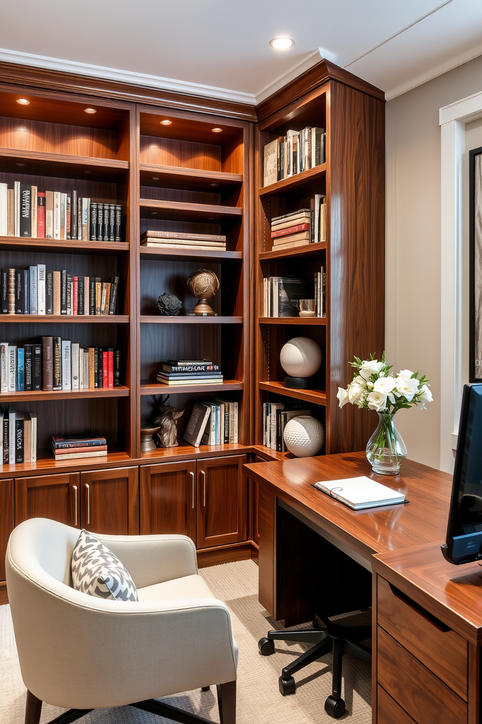 A cozy luxury home office featuring layered rugs for added warmth. The space is adorned with a rich wooden desk, complemented by an ergonomic chair and elegant lighting fixtures.