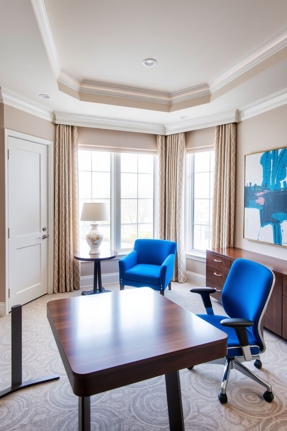 A luxury home office designed with a neutral color palette featuring soft beige and warm gray tones. Bold pops of color are introduced through a vibrant blue accent chair and a striking piece of abstract art on the wall. The workspace includes a sleek wooden desk with a polished finish and a comfortable ergonomic chair. Natural light floods the room through large windows, complemented by elegant drapes in a subtle pattern.