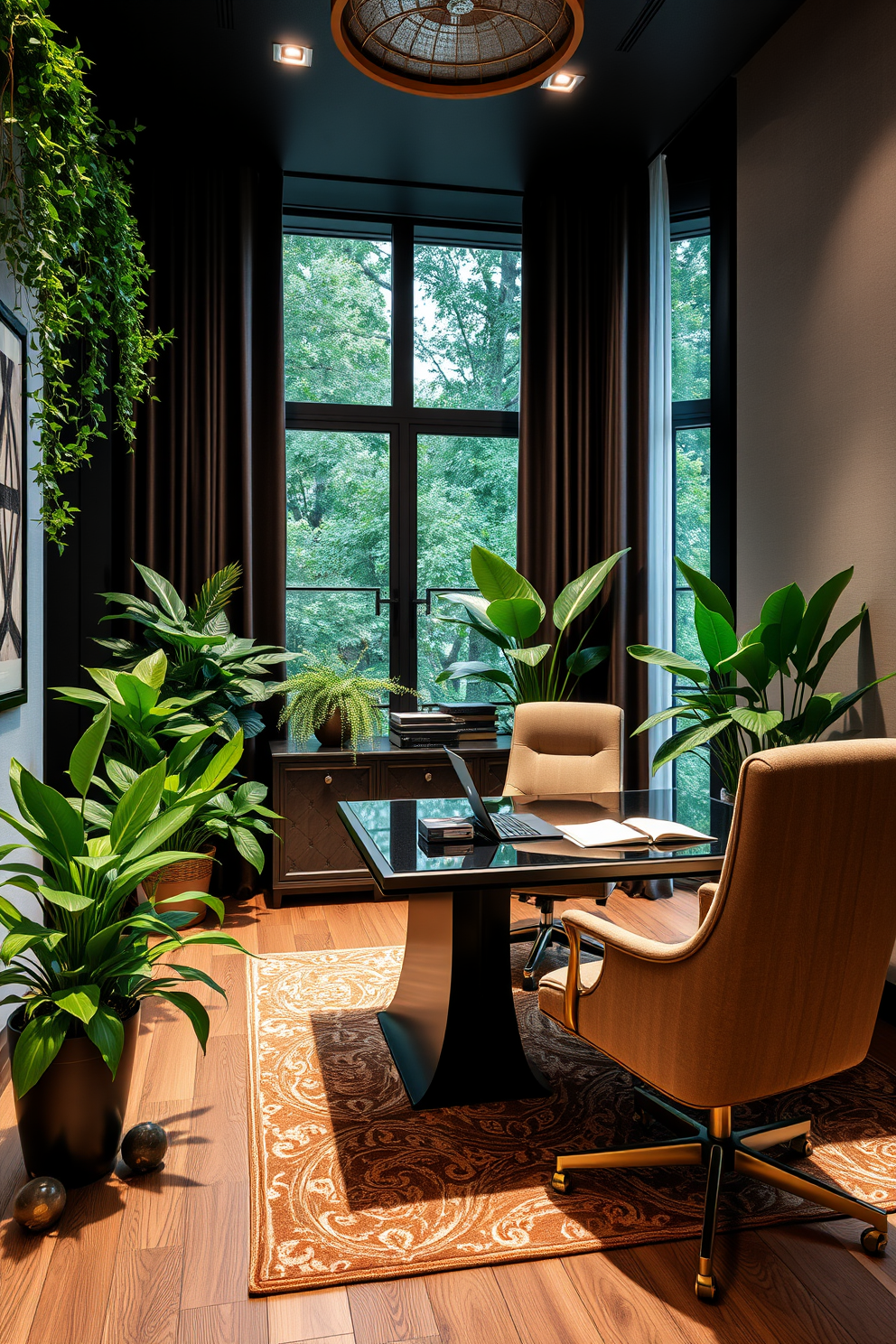 Lush indoor plants create a vibrant and refreshing atmosphere in any space. Strategically placed greenery complements the decor while improving air quality and promoting well-being. Luxury home office design combines elegance with functionality. A spacious desk is paired with ergonomic seating, and rich textures enhance the overall aesthetic while maintaining a productive environment.