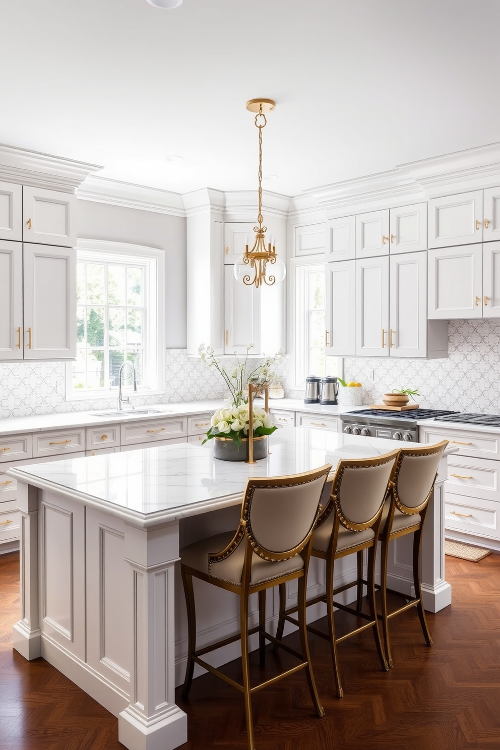 Crisp white cabinetry with gold accents creates a stunning focal point in a luxury kitchen. The spacious island features a marble countertop paired with elegant bar stools, enhancing both functionality and style. The backsplash is adorned with intricate tile work that complements the cabinetry. Large windows allow natural light to flood the space, illuminating the high-end appliances and chic decor.