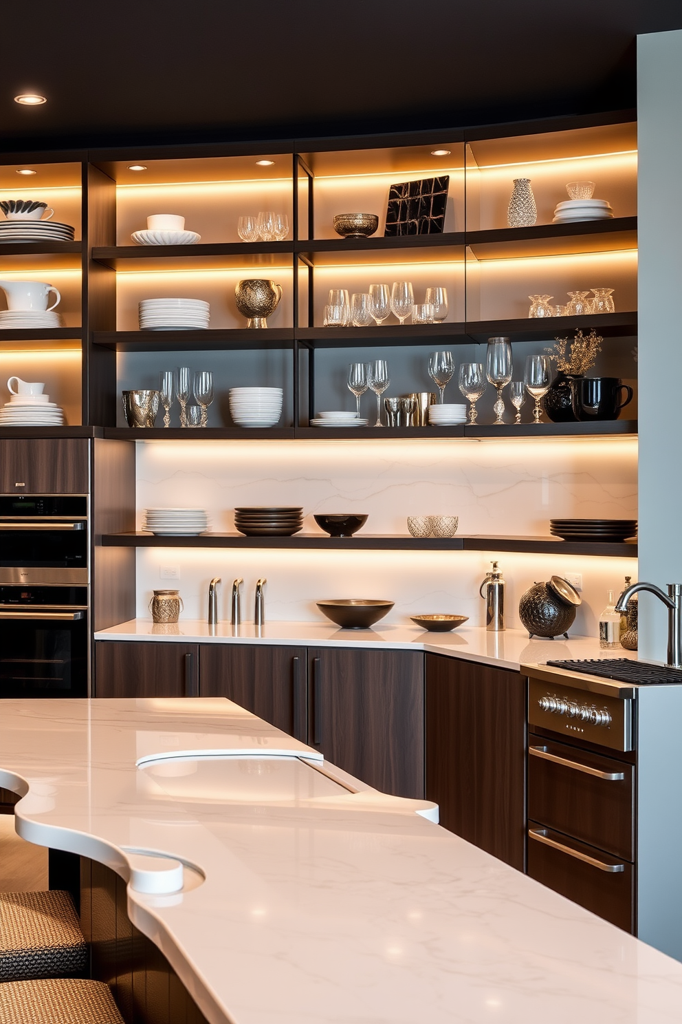 A luxury kitchen design featuring statement lighting fixtures suspended above a large central island. The island is adorned with a sleek marble countertop and surrounded by elegant bar stools, creating a perfect space for entertaining.