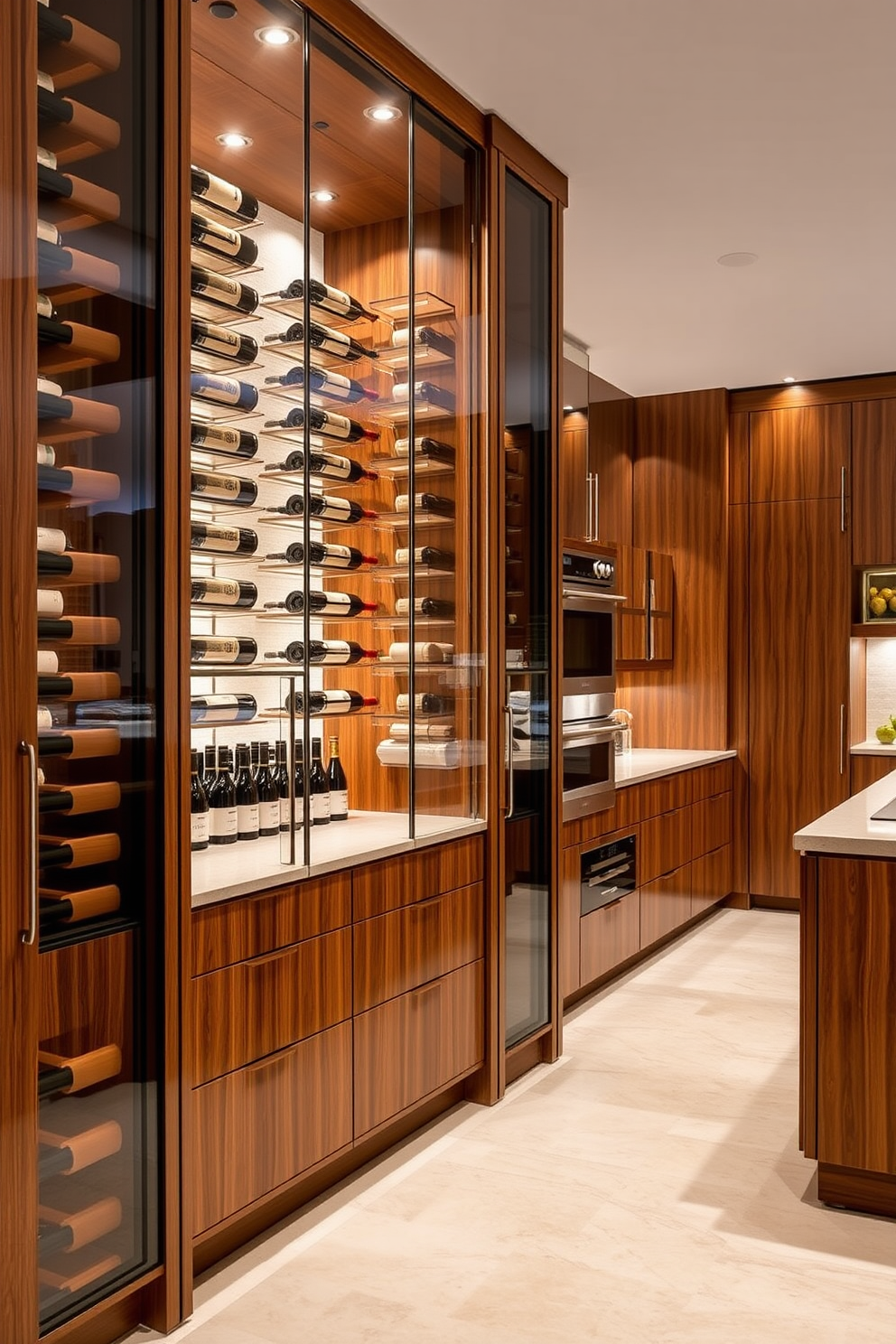 A luxury wine storage area is seamlessly integrated into custom cabinetry, featuring elegant wood finishes and glass doors. The space is illuminated with soft lighting, showcasing an impressive collection of fine wines. The kitchen design boasts high-end appliances and a spacious layout, with a large island that serves as both a functional workspace and a gathering area. Sleek cabinetry and a sophisticated color palette create a harmonious and inviting atmosphere.