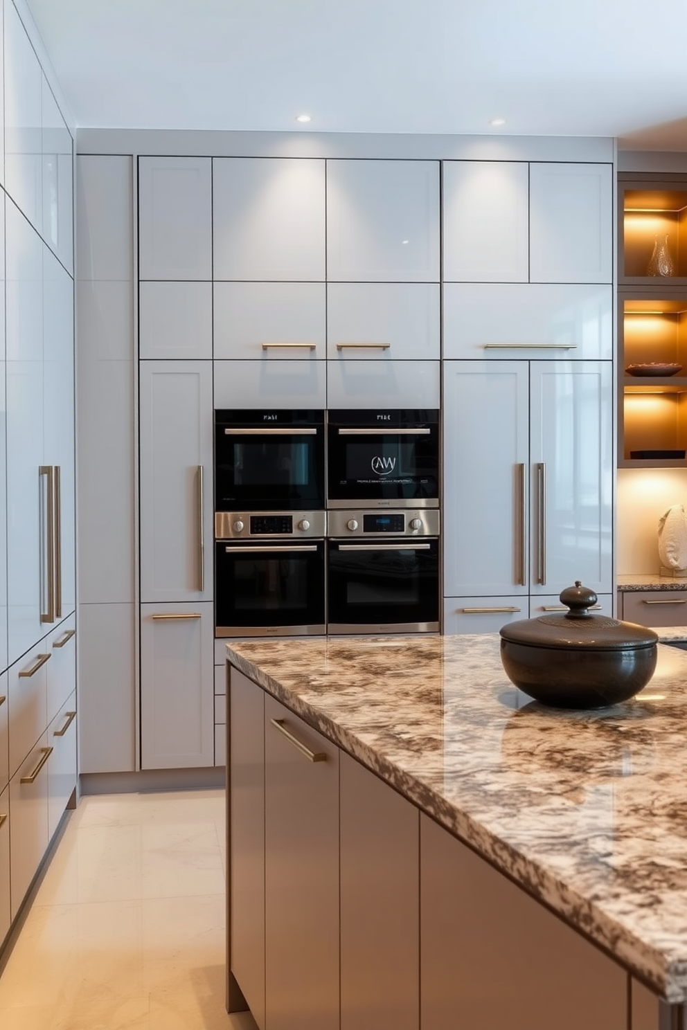 A spacious kitchen featuring a farmhouse sink with a sleek modern faucet. The cabinetry is painted in a soft white, complemented by a rustic wood island that serves as a focal point. The countertops are made of polished granite, offering a beautiful contrast to the warm tones of the wood. Large windows allow natural light to flood the space, highlighting the elegant pendant lighting above the island.