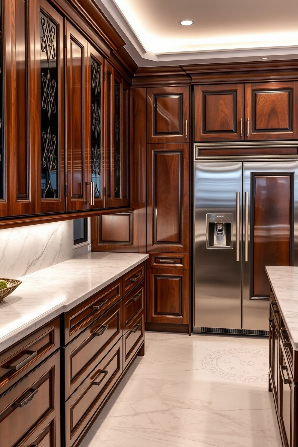 A luxury kitchen featuring unique tile patterns for the backsplash. The tiles showcase an intricate geometric design in shades of blue and gold, creating a stunning focal point behind the stove. The cabinetry is sleek and modern, with a high-gloss finish that complements the vibrant tiles. A large island with a waterfall countertop provides ample space for cooking and entertaining, accented by stylish bar stools.