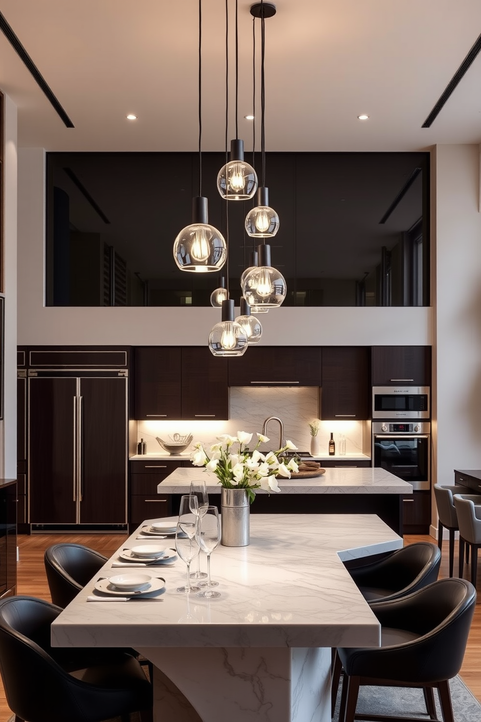 Elegant pendant lights hang gracefully over the dining area, casting a warm glow on the beautifully set table below. The lights feature intricate designs that complement the overall aesthetic of the space, enhancing the dining experience. The luxury kitchen design showcases sleek cabinetry with a high-gloss finish, paired with a stunning marble island at the center. State-of-the-art appliances are seamlessly integrated, providing both functionality and style to the heart of the home.