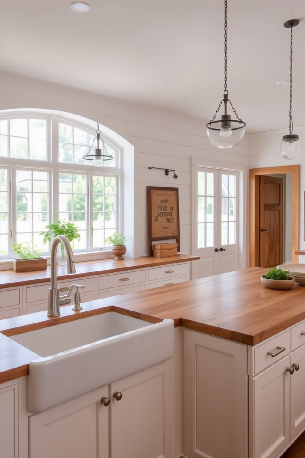 A spacious kitchen featuring a farmhouse sink with a deep basin and a polished chrome faucet. The cabinetry is painted in a soft white, complemented by natural wood accents and a large central island topped with a thick butcher block surface. The walls are adorned with shiplap panels, adding texture and warmth to the space. Large windows allow ample natural light to flood in, illuminating the rustic decor elements like vintage-style light fixtures and potted herbs on the windowsill.