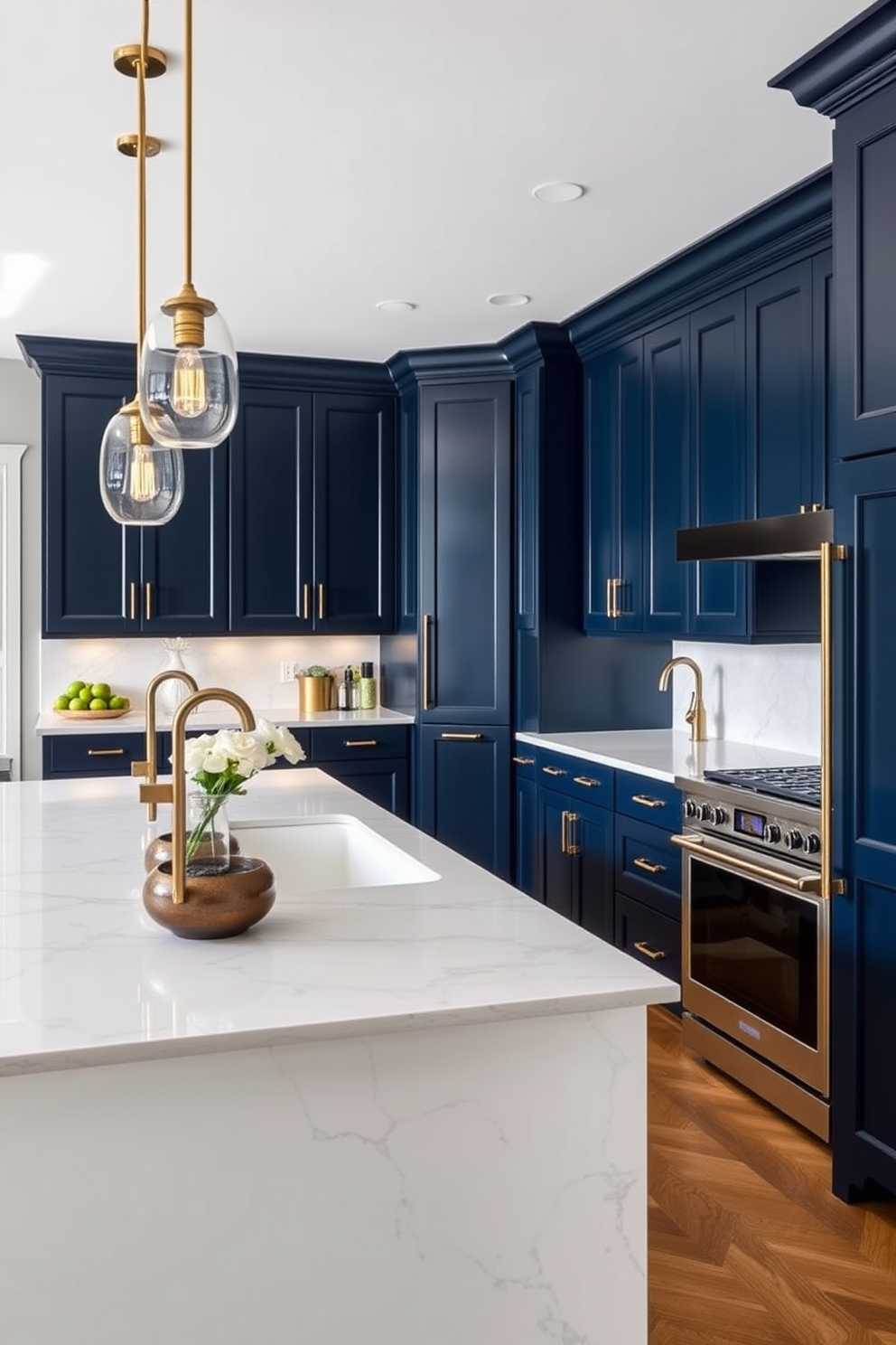 A luxury kitchen featuring contrasting colors for visual interest. The cabinetry is a deep navy blue paired with a crisp white marble island, creating a stunning focal point. Sleek stainless steel appliances complement the bold color scheme, while gold hardware adds a touch of elegance. Pendant lights with a modern design hang above the island, illuminating the space beautifully.