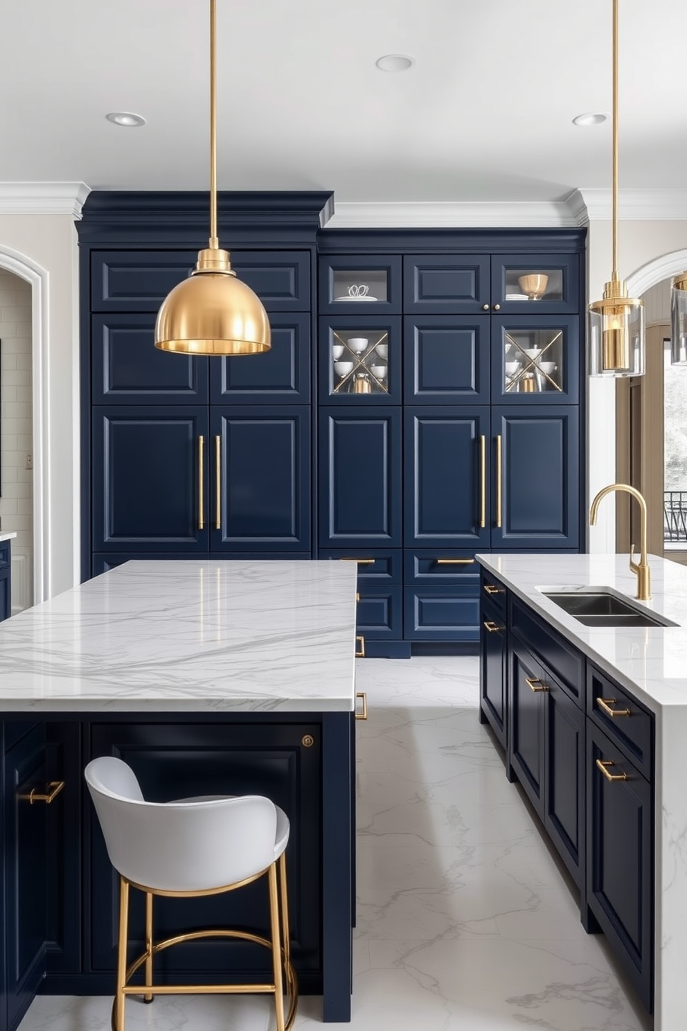 A stunning luxury kitchen featuring double kitchen islands that provide ample workspace and enhance functionality. The islands are topped with exquisite quartz countertops, complemented by sleek bar stools for casual dining. The cabinetry is a rich navy blue with gold hardware, creating a sophisticated contrast against the white marble backsplash. Large pendant lights hang above the islands, adding an elegant touch to the overall design.