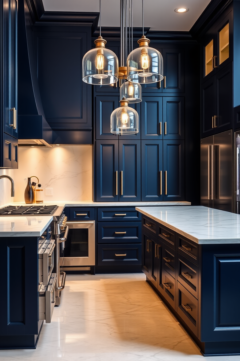 A luxury kitchen featuring soft-close drawers and cabinets that enhance functionality and elegance. The cabinetry is a rich navy blue with gold hardware, complemented by a large marble island at the center. The kitchen is illuminated by pendant lights hanging above the island, creating a warm and inviting atmosphere. Sleek stainless steel appliances are seamlessly integrated into the design, providing a modern touch.