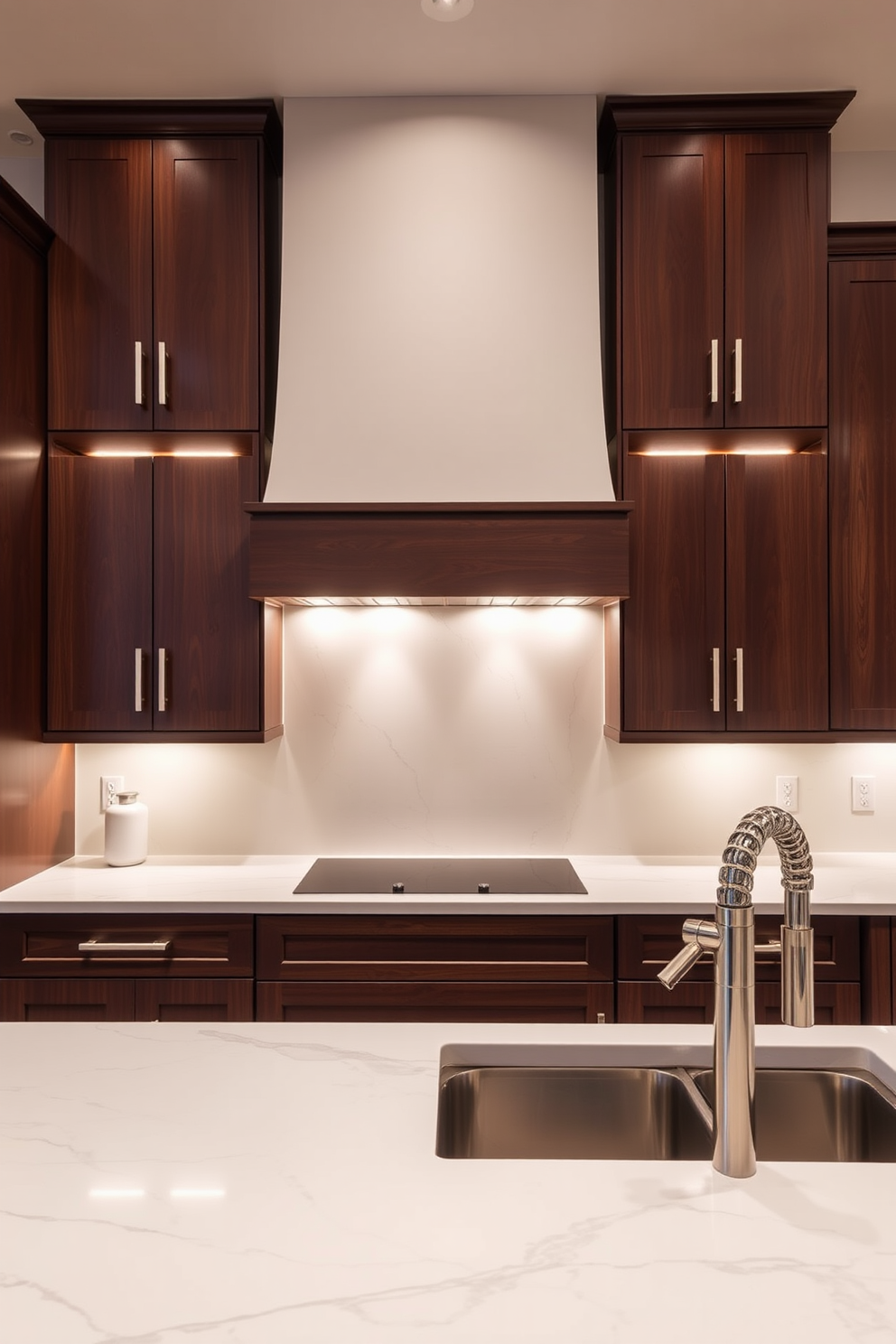 A luxury kitchen design featuring under-cabinet lighting that creates a warm and inviting ambiance. The cabinetry is a rich dark wood with sleek modern handles, and the countertops are a stunning white quartz with subtle veining.