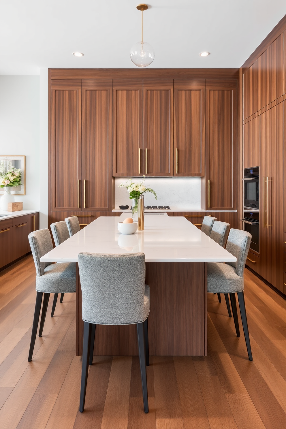 A luxury kitchen featuring large windows that flood the space with natural light. The room includes a spacious island with a stunning quartz countertop and high-end appliances seamlessly integrated into custom cabinetry.