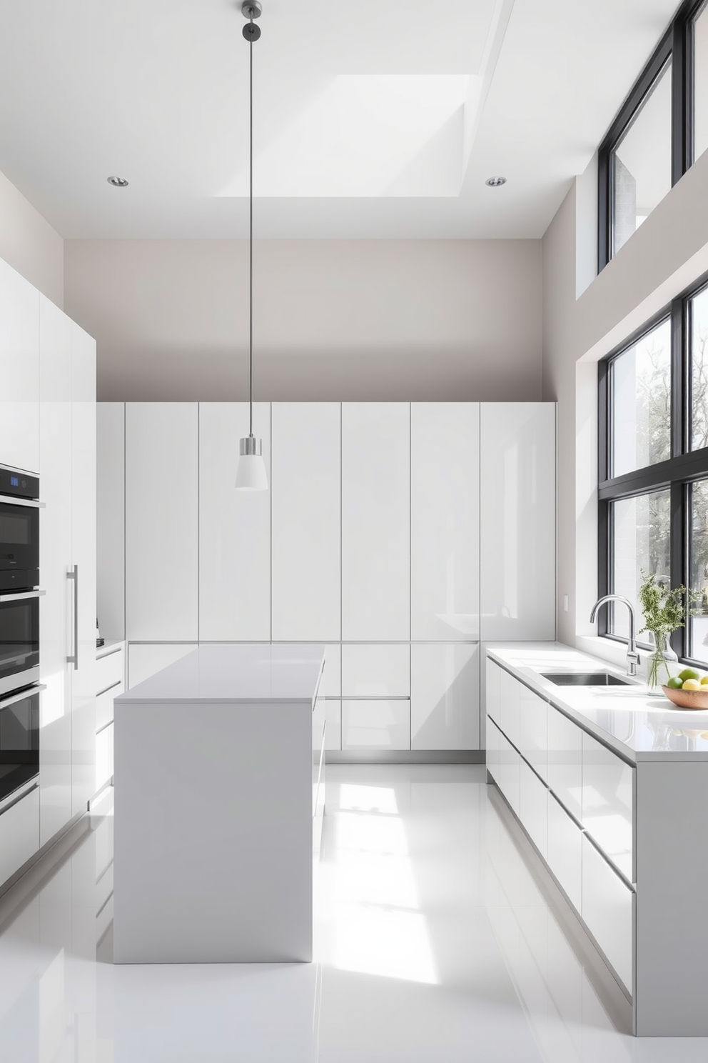 A luxury kitchen featuring contrasting cabinet colors creates a dramatic effect. The upper cabinets are a deep navy blue while the lower cabinets are a crisp white, enhancing the overall elegance of the space. A large kitchen island with a white marble countertop serves as a focal point. Pendant lights hang above the island, casting a warm glow over the area and highlighting the sophisticated design.