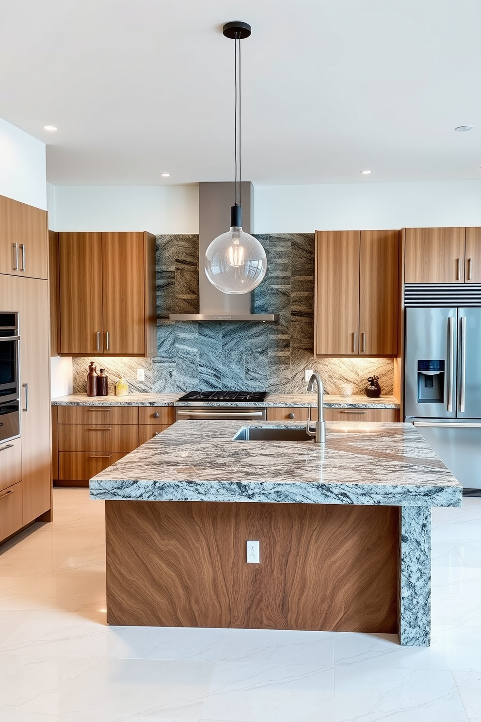 A luxury kitchen features sleek cabinetry with a high-gloss finish and elegant hardware that adds a polished touch. The island is topped with a stunning quartz countertop, complemented by designer bar stools that invite gatherings. The backsplash showcases intricate tile work in a subtle color palette, creating a sophisticated backdrop for the cooking area. Pendant lights with a modern design hang gracefully above the island, providing both functionality and style.