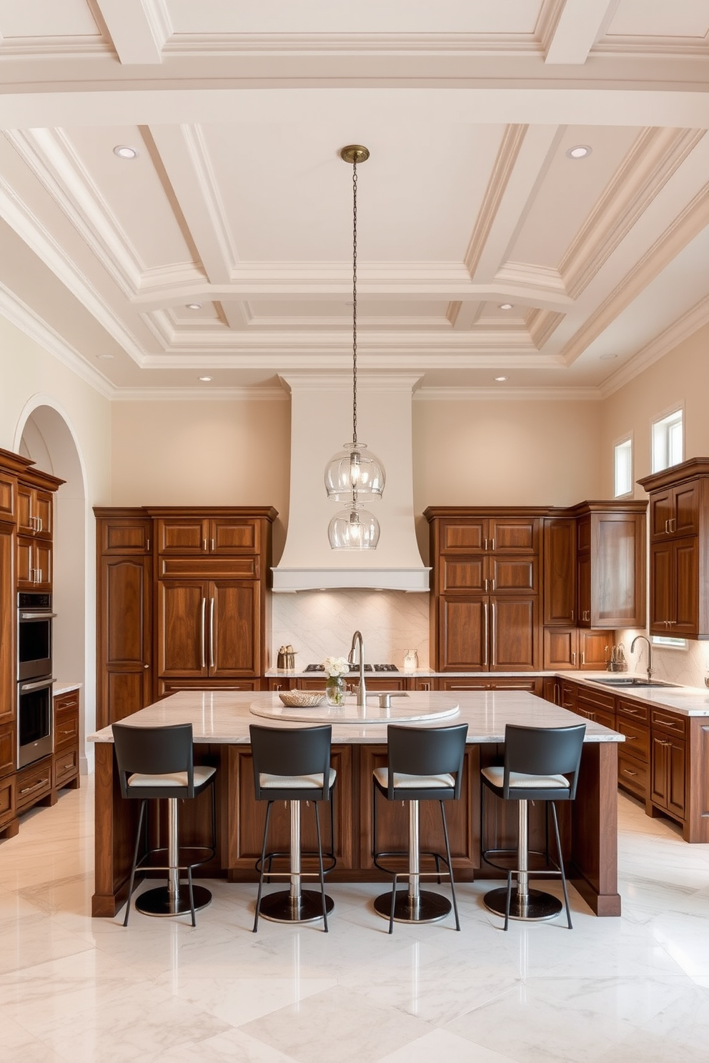 A luxury kitchen featuring high ceilings adorned with dramatic crown molding creates an elegant atmosphere. The space includes a large central island with a polished marble countertop and stylish bar stools for casual dining. Custom cabinetry in a rich wood finish complements the high-end appliances seamlessly integrated into the design. Pendant lights hang gracefully above the island, illuminating the space with a warm glow.