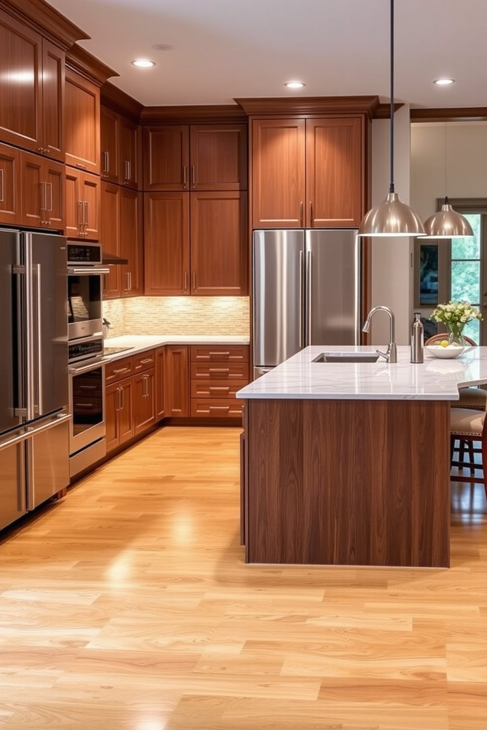 A luxurious kitchen design featuring high-end hardwood flooring that adds warmth and elegance to the space. The kitchen showcases custom cabinetry with a sleek finish, complemented by a large island topped with a stunning quartz countertop. The flooring transitions seamlessly into a stylish tile area near the cooking zone, providing a practical yet chic aesthetic. Sleek stainless steel appliances are integrated into the design, enhancing the modern sophistication of the kitchen.