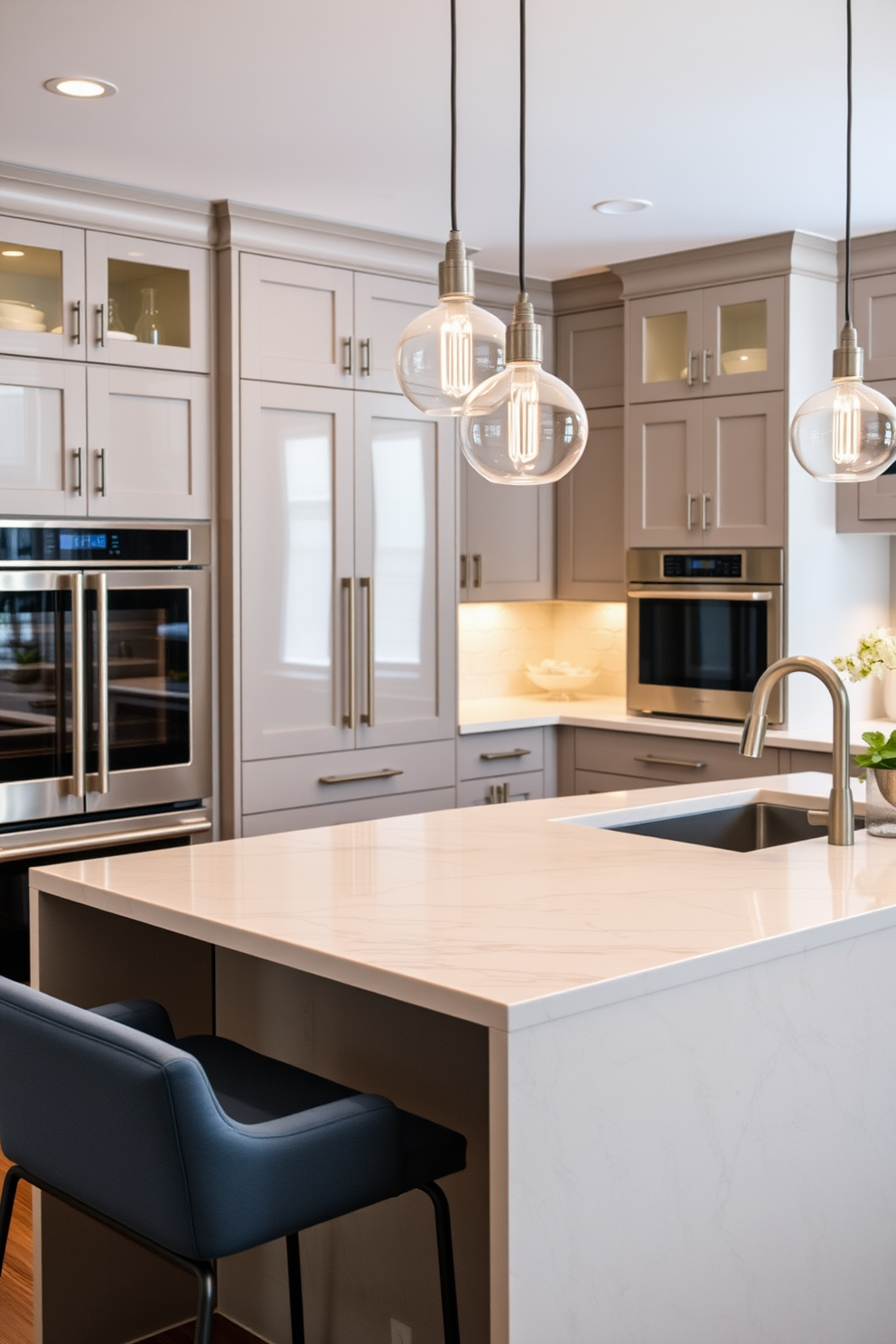 A luxury kitchen featuring durable luxury vinyl flooring that mimics the look of natural wood. The space includes sleek cabinetry with a high-gloss finish, a large central island with a waterfall countertop, and state-of-the-art appliances seamlessly integrated into the design.