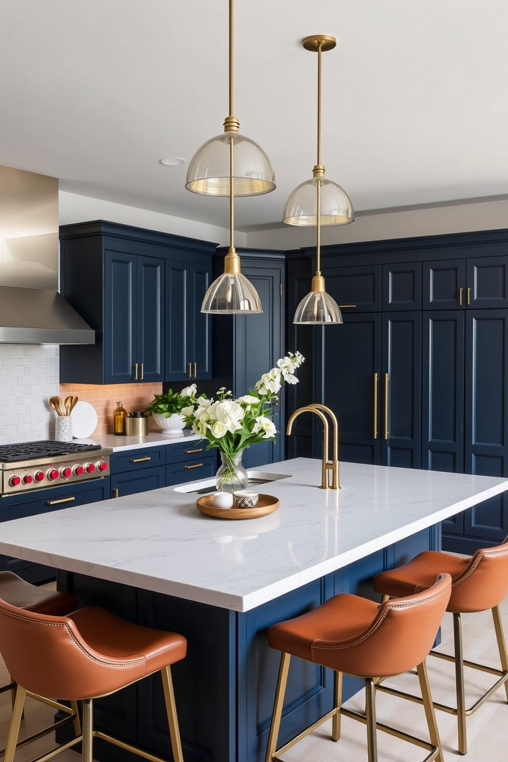 A luxury kitchen featuring a spacious island with a waterfall countertop made of quartz. The cabinetry is a blend of matte black and warm wood tones, complemented by high-end stainless steel appliances. The backsplash consists of intricate mosaic tiles that add a pop of color. Soft ambient lighting illuminates the space, creating an inviting atmosphere perfect for entertaining.