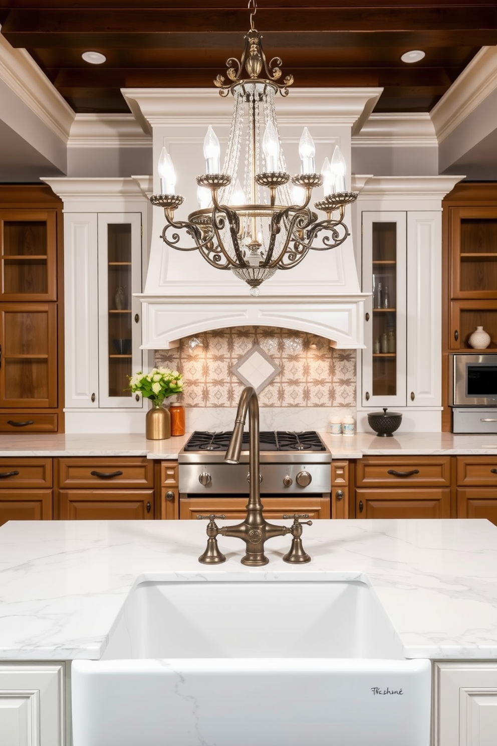 A sophisticated color palette featuring deep navy blue and crisp white creates an elegant atmosphere in the kitchen. The cabinetry showcases a high-gloss finish, complemented by brushed brass hardware that adds a touch of luxury. The kitchen island is topped with a stunning white marble surface, providing both functionality and style. Pendant lights with a modern design hang above, illuminating the space and enhancing the overall ambiance.