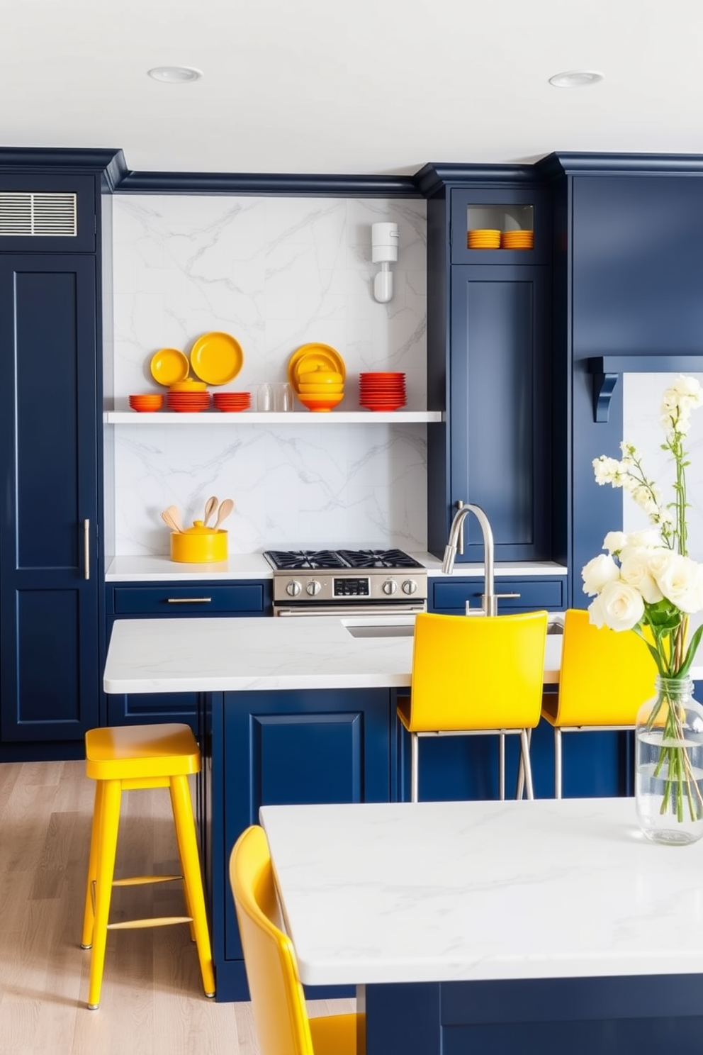 A luxury kitchen design featuring bold color pops in decor elements. The cabinetry is a sleek navy blue, complemented by vibrant yellow bar stools at the island. The countertops are a pristine white with subtle veining, adding elegance to the space. Brightly colored dishware is displayed on open shelves, creating a cheerful focal point.