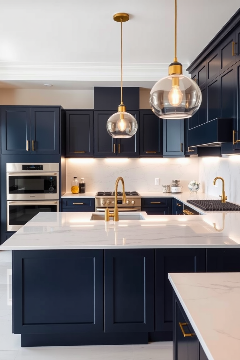 A luxury kitchen featuring high-end appliances with sleek finishes. The cabinetry is a rich navy blue with gold hardware, and the countertops are a stunning white quartz with subtle veining. An oversized island serves as the centerpiece, equipped with state-of-the-art appliances seamlessly integrated into the design. Pendant lights hang elegantly above the island, casting a warm glow over the space.