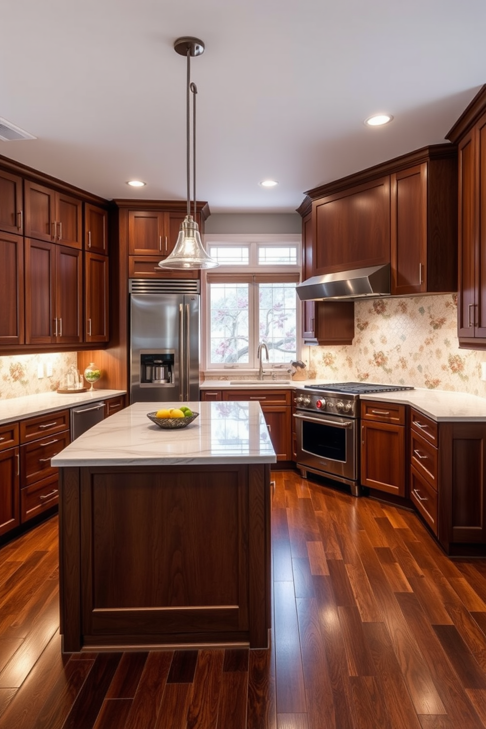 A luxury kitchen with warm wood elements creates a cozy and inviting atmosphere. The cabinetry is crafted from rich walnut, complemented by a large island featuring a stunning quartz countertop. Soft ambient lighting highlights the natural grain of the wood, while stainless steel appliances add a modern touch. A stylish backsplash made of hand-painted tiles brings a pop of color to the overall design.